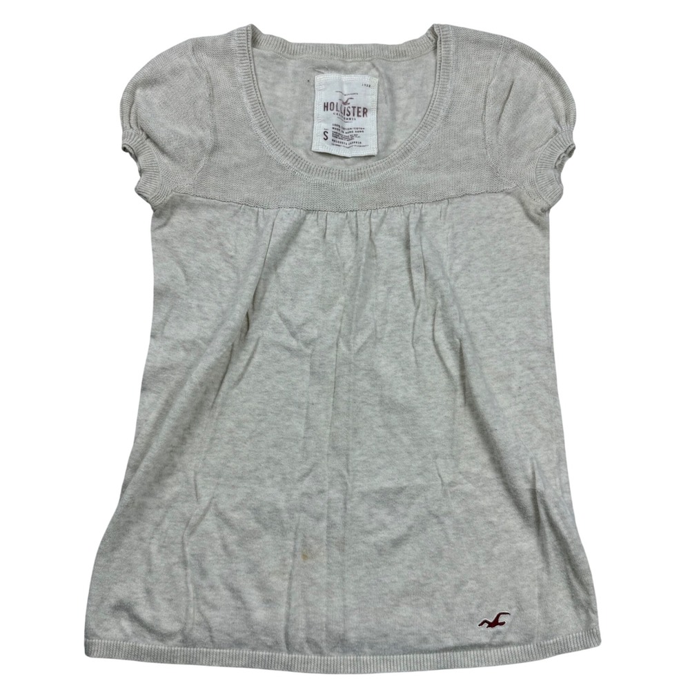 VTG Y2K Hollister Oatmeal Short Sleeve Knit Scoop Neck Babydoll Top Size Small